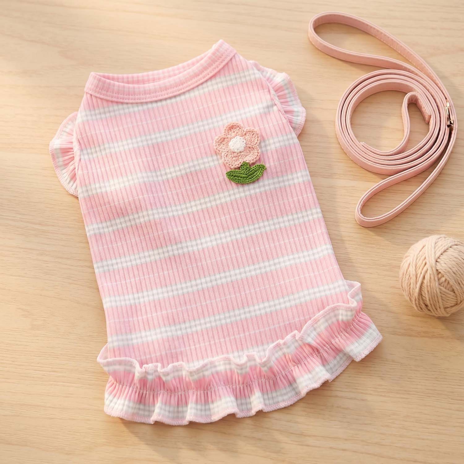 Tank Top Ribbed - 귀여운 프릴 스트라이프 여름 강아지 탱크탑