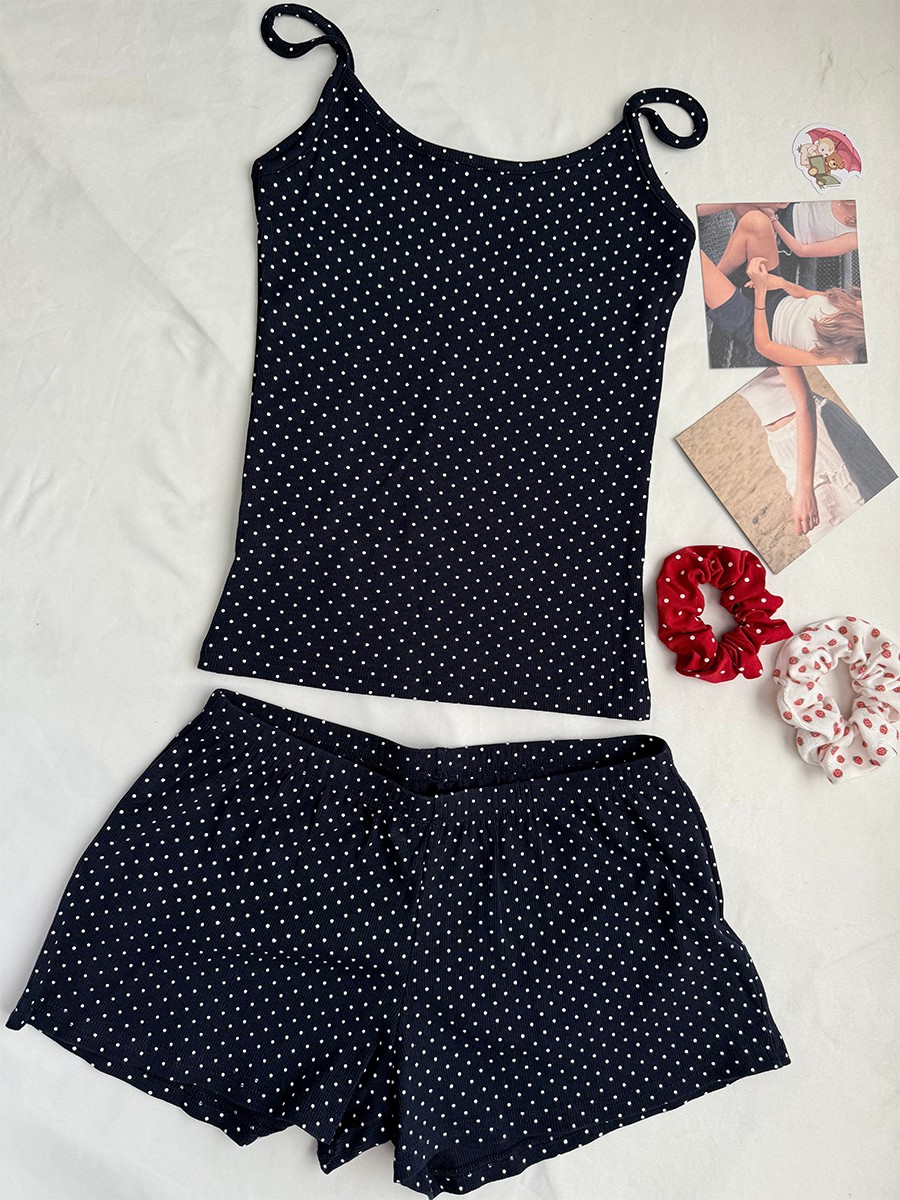 Tank Top Ribbed - 네이비 도트 리브드 반바지 세트 여성