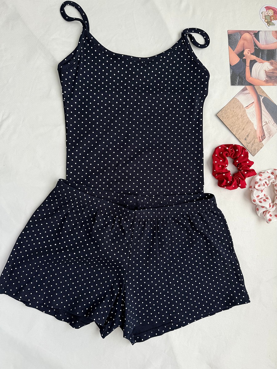 네이비 도트 리브드 반바지 세트 여성 여름 캐주얼 민소 - Tank Top Ribbed 리뷰 및 가격
