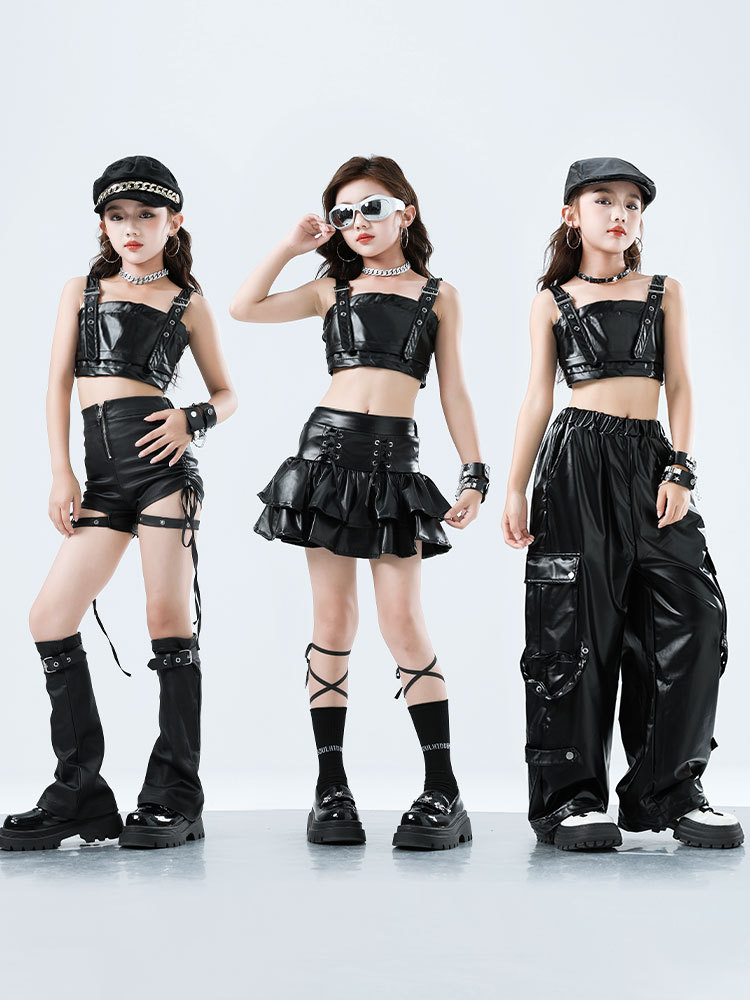 키즈 K팝 힙합 의류 블랙 인조 가죽 크롭 탱크탑 레이 - Suspender Tank Top 리뷰 및 가격