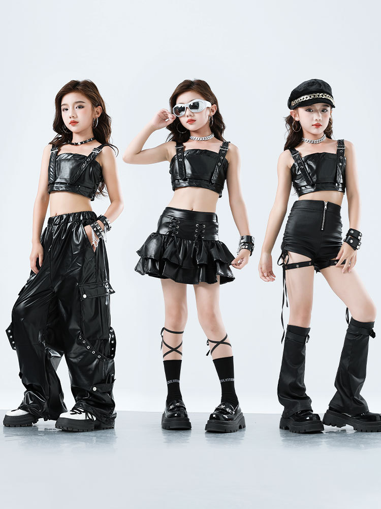 키즈 K팝 힙합 의류 블랙 인조 가죽 크롭 탱크탑 레이 - Suspender Tank Top 리뷰 및 가격